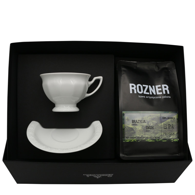 Zestaw filiżanka do kawy Maria Biała i kawa "Rozner" 250 g.